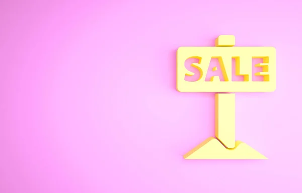Yellow Hanging sign with text Sale icon isolated on pink background. Signboard with text Sale. Minimalism concept. 3d illustration 3D render — Stock Photo, Image