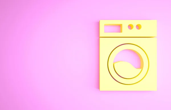 Ikon Yellow Washer terisolasi pada latar belakang merah muda. Ikon mesin cuci. Mesin cuci baju adalah mesin cuci. Simbol perkakas rumah. Konsep minimalisme. Tampilan 3D ilustrasi 3d — Stok Foto