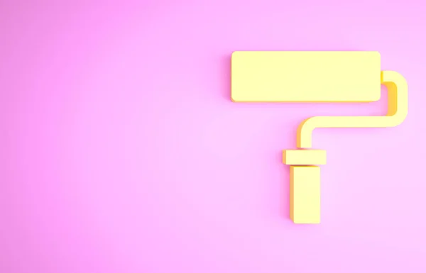 Ícone amarelo da escova do rolo da pintura isolado no fundo rosa. Conceito de minimalismo. 3D ilustração 3D render — Fotografia de Stock