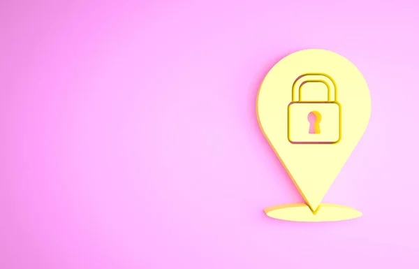 Sárga Helyszín zár ikon elszigetelt rózsaszín háttér. A kulcsrakész koncepció. Minimalizmus koncepció. 3d illusztráció 3D render — Stock Fotó