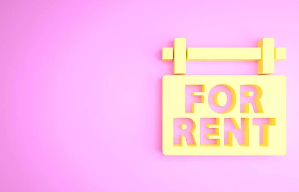 Insegna appesa gialla con testo Icona in affitto isolata su sfondo rosa. Cartello con testo in affitto. Concetto minimalista. Illustrazione 3d rendering 3D — Foto Stock