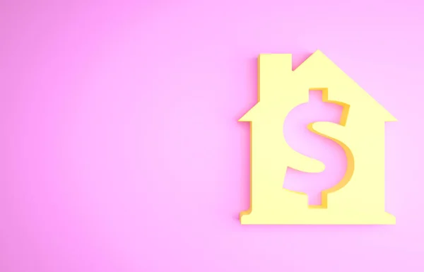 Casa amarilla con símbolo del dólar icono aislado sobre fondo rosa. Hogar y dinero. Concepto inmobiliario. Concepto minimalista. 3D ilustración 3D render — Foto de Stock