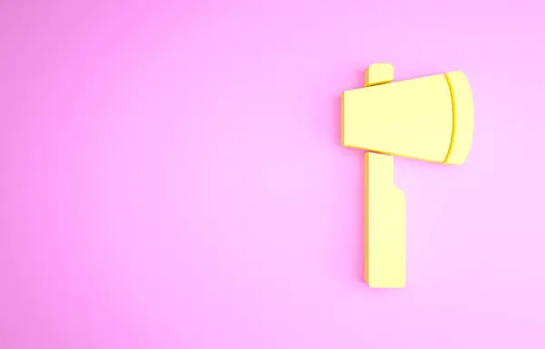 黄色的木制斧头图标孤立在粉红色的背景上.伐木工斧头最低纲领的概念。3D渲染3D插图 — 图库照片