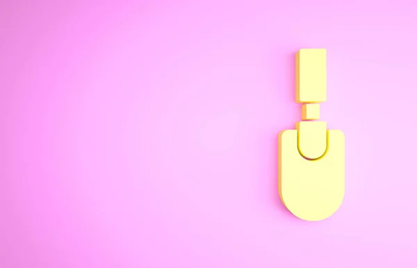 Жовтий садовий лопата або лопата значок ізольовані на рожевому фоні. Інструмент садівництва. Інструмент для садівництва, сільського господарства, сільського господарства. Концепція мінімалізму. 3D ілюстрація 3D рендеринга — стокове фото