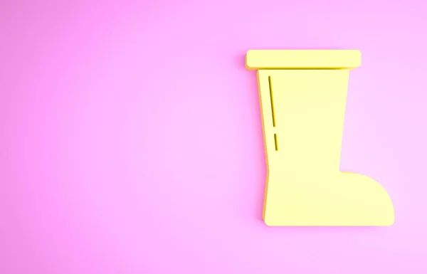 Желтый водонепроницаемый значок резинового ботинка на розовом фоне. Резиновые сапоги для дождливой погоды, рыбалки, садоводства. Концепция минимализма. 3D-рендеринг — стоковое фото