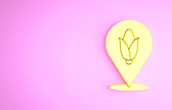 Жовтий значок розташування кукурудзи ізольовано на рожевому фоні. Концепція мінімалізму. 3D ілюстрація 3D рендеринга — стокове фото