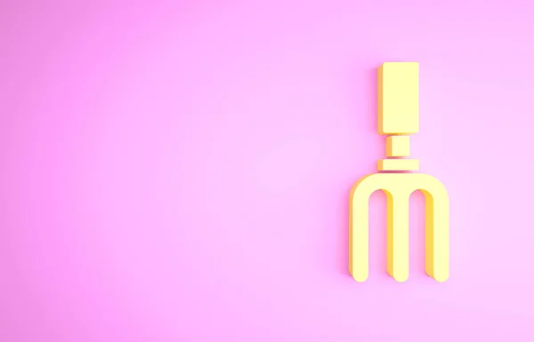 Yellow Garden rake icon isolated on pink background. Tool for horticulture, agriculture, farming. Ground cultivator. Minimalism concept. 3d illustration 3D render — Stock Photo, Image