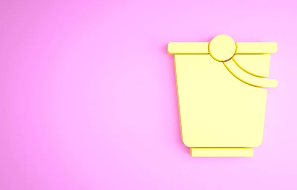 Żółta ikona wiadro izolowane na różowym tle. Koncepcja minimalizmu. Ilustracja 3D 3D renderowania — Zdjęcie stockowe