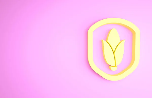 黄色盾牌玉米图标孤立在粉红色的背景.安保、安全、保护、隐私概念。最低纲领的概念。3D渲染3D插图 — 图库照片