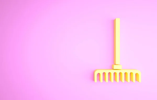 ピンクの背景に隔離された黄色のガーデンレーキアイコン。園芸、農業、農業のためのツール。地上栽培者。最小限の概念。3Dイラスト3Dレンダリング — ストック写真