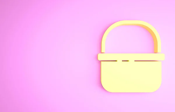 Icône Panier jaune isolée sur fond rose. Concept d'achat en ligne. Panneau de service de livraison. Symbole de panier. Concept de minimalisme. Illustration 3D rendu 3D — Photo