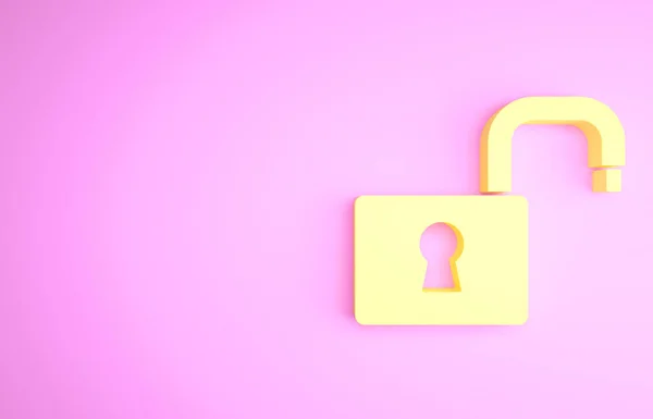 Jaune Icône ouverte cadenas isolé sur fond rose. Panneau ouvert. Concept de cybersécurité. Protection des données numériques. Concept de minimalisme. Illustration 3D rendu 3D — Photo