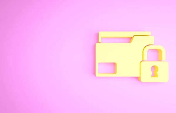 Żółty Folder i ikona blokady izolowane na różowym tle. Zamknięty folder i kłódka. Ochrona, bezpieczeństwo, koncepcja ochrony. Koncepcja minimalizmu. Ilustracja 3D 3D renderowania — Zdjęcie stockowe