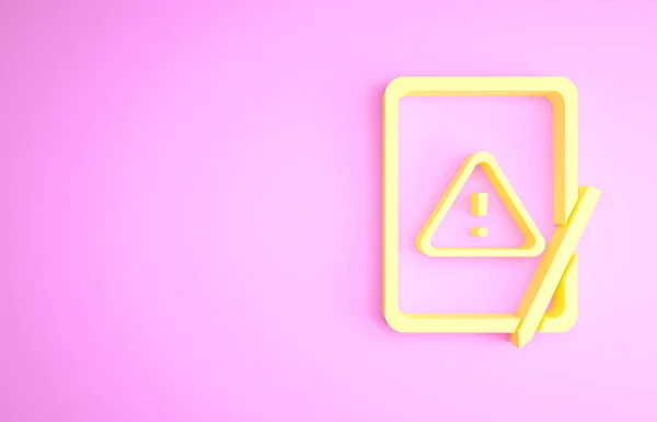 Comprimido gráfico amarelo com ícone de ponto de exclamação isolado em fundo rosa. Notificação de smartphone de mensagem de alerta. Conceito de minimalismo. 3D ilustração 3D render — Fotografia de Stock