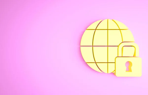 Yellow Global lockdown - ikon globe terkunci yang diisolasi dengan latar belakang merah muda. Konsep minimalisme. Tampilan 3D ilustrasi 3d — Stok Foto