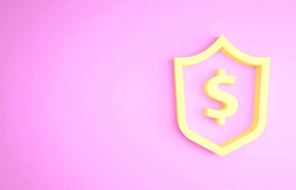 Gul sköld med dollar symbol ikon isolerad på rosa bakgrund. Skydd av sköldar. Pengar säkerhet koncept. Minimalistiskt koncept. 3D-återgivning för 3D — Stockfoto