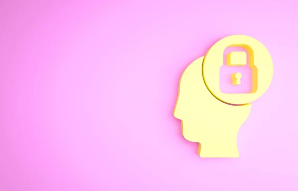 Geel Menselijk hoofd met slot pictogram geïsoleerd op roze achtergrond. Minimalisme concept. 3d illustratie 3D renderen — Stockfoto