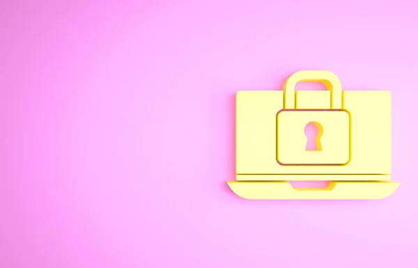 Yellow Laptop and lock icon isolated on pink background. Computer and padlock. Security, safety, protection concept. Safe internetwork. Minimalism concept. 3d illustration 3D render — Stock Photo, Image