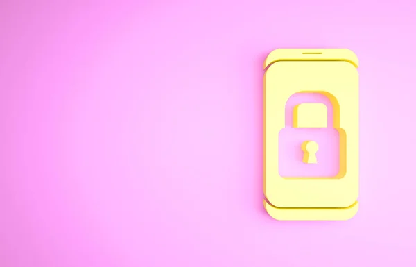 Sárga Okostelefon zárt lakat ikon elszigetelt rózsaszín alapon. Telefon zárral. Mobil védelem, biztonság, védelem. Minimalizmus koncepció. 3d illusztráció 3D render — Stock Fotó
