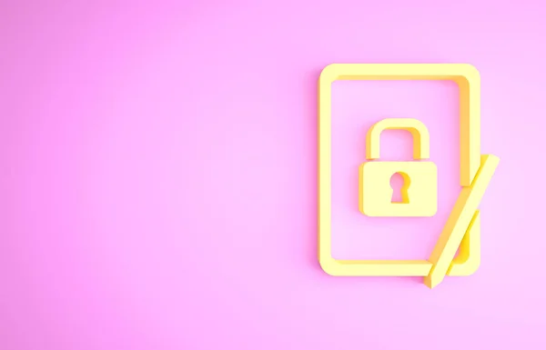 黄色图形平板,闭锁图标,粉红色背景隔离.有锁的电话流动安保、安全、保护概念。最低纲领的概念。3D渲染3D插图 — 图库照片