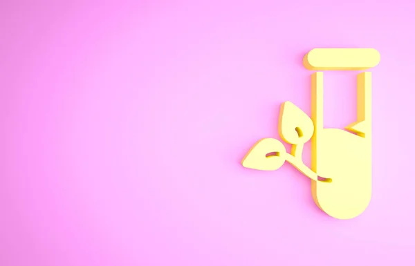 Vidrio amarillo de laboratorio y deja el icono aislado sobre fondo rosa. Tubo de ensayo químico con hoja. Laboratorio Eco. Concepto minimalista. 3D ilustración 3D render —  Fotos de Stock