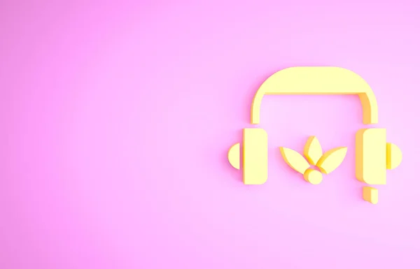 Sárga fejhallgató meditációs ikon elszigetelt rózsaszín alapon. Minimalizmus koncepció. 3d illusztráció 3D render — Stock Fotó