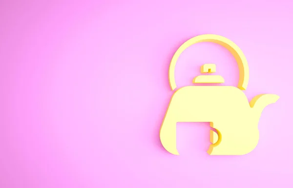 Icono tradicional de ceremonia del té amarillo aislado sobre fondo rosa. Tetera con taza. Concepto minimalista. 3D ilustración 3D render —  Fotos de Stock