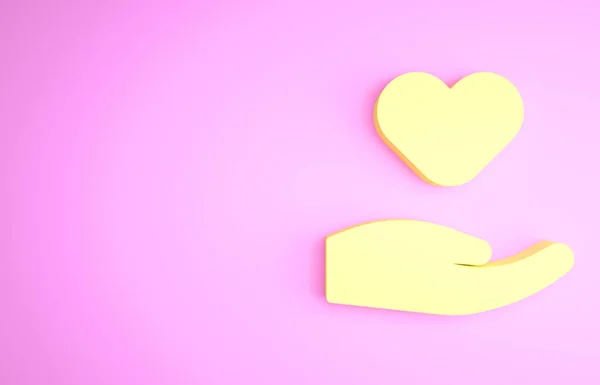 Κίτρινη καρδιά στο χέρι εικονίδιο απομονώνονται σε ροζ φόντο. Το χέρι που δίνει το σύμβολο αγάπης. Σύμβολο του Αγίου Βαλεντίνου. Μινιμαλιστική έννοια. 3d απεικόνιση 3D καθιστούν — Φωτογραφία Αρχείου