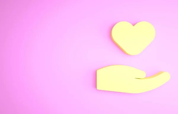 Corazón amarillo en la mano icono aislado sobre fondo rosa. Mano dando símbolo de amor. Símbolo de San Valentín. Concepto minimalista. 3D ilustración 3D render — Foto de Stock