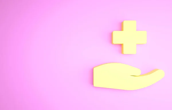 Ícone médico do hospital Yellow Cross isolado em fundo rosa. Primeiros socorros. Símbolo de diagnóstico. Sinal de medicina e farmácia. Conceito de minimalismo. 3D ilustração 3D render — Fotografia de Stock