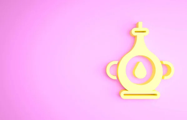 Ikona żółtej butelki oleju izolowana na różowym tle. Koncepcja minimalizmu. Ilustracja 3D 3D renderowania — Zdjęcie stockowe