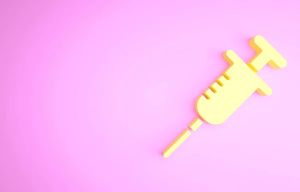 Ícone amarelo da seringa isolado no fundo rosa. Seringa para vacina, vacinação, injeção, injeção de gripe. Equipamento médico. Conceito de minimalismo. 3D ilustração 3D render — Fotografia de Stock