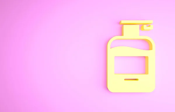 Żółta butelka płynnego mydła antybakteryjnego z ikoną dozownika wyizolowaną na różowym tle. Antyseptyczne. Dezynfekcja, higiena, pielęgnacja skóry. Koncepcja minimalizmu. Ilustracja 3D 3D renderowania — Zdjęcie stockowe