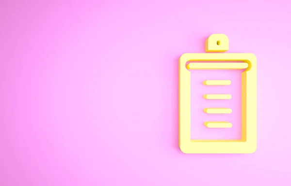 Yellow Clipboard with checklist icon isolated on pink background. Control list symbol. Survey poll or questionnaire feedback form. Minimalism concept. 3d illustration 3D render