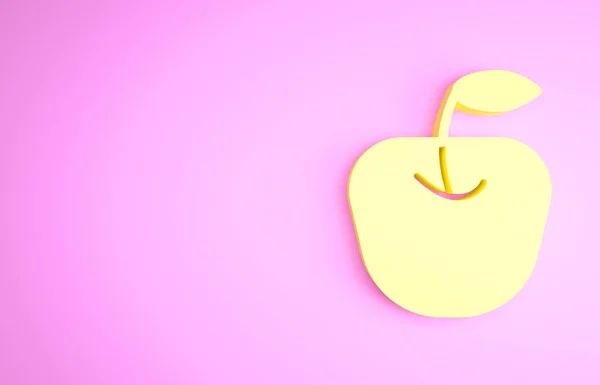 Ícone amarelo da Apple isolado no fundo rosa. Fruta com símbolo de folha. Conceito de minimalismo. 3D ilustração 3D render — Fotografia de Stock