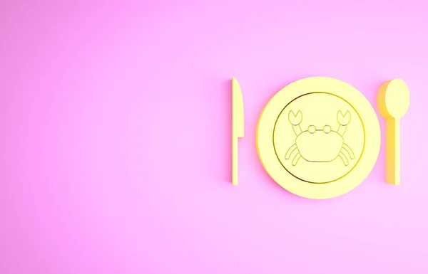 Amarelo Caranguejo servido em um ícone de prato isolado em fundo rosa. Conceito de minimalismo. 3D ilustração 3D render — Fotografia de Stock