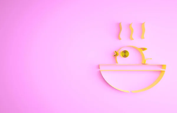 Icono de sopa de pescado Puffer amarillo aislado sobre fondo rosa. Fugu pescado pez globo japonés. Concepto minimalista. 3D ilustración 3D render — Foto de Stock