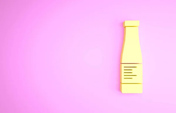 Ícone de garrafa de molho amarelo isolado no fundo rosa. Ketchup, mostarda e maionese garrafas com molho para fast food. Conceito de minimalismo. 3D ilustração 3D render — Fotografia de Stock