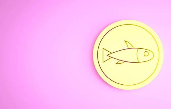 黄色ピンクの背景に隔離されたプレートアイコン上の魚を務めました。最小限の概念。3Dイラスト3Dレンダリング — ストック写真