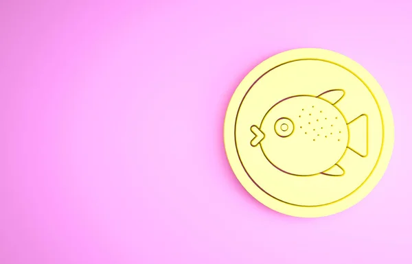 Gelber Kugelfisch auf einem Tellersymbol auf rosa Hintergrund. Fugu-Fisch japanischer Kugelfisch. Minimalismus-Konzept. 3D Illustration 3D Renderer — Stockfoto