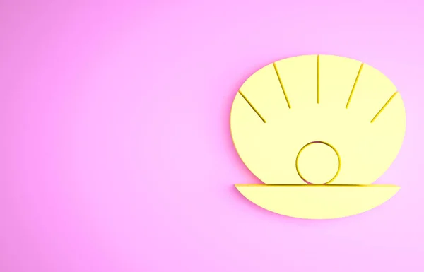 Żółta Naturalna otwarta skorupa z ikoną perłową odizolowaną na różowym tle. Scallop muszla morska. Znak Seashella. Koncepcja minimalizmu. Ilustracja 3D 3D renderowania — Zdjęcie stockowe