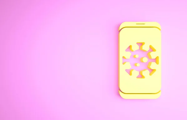Estatísticas de vírus amarelo no ícone móvel isolado no fundo rosa. Vírus da Corona 2019-nCoV. Bactérias e germes, cancro das células, micróbios, fungos. Conceito de minimalismo. 3D ilustração 3D render — Fotografia de Stock