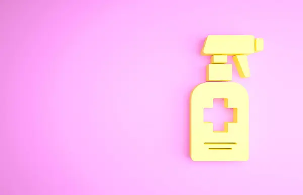 Frasco amarelo de sabão antibacteriano líquido com ícone de dispensador isolado no fundo rosa. Anti-séptico. Desinfecção, higiene, cuidados com a pele. Conceito de minimalismo. 3D ilustração 3D render — Fotografia de Stock