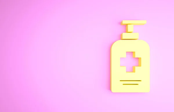 Frasco amarelo de sabão antibacteriano líquido com ícone de dispensador isolado no fundo rosa. Anti-séptico. Desinfecção, higiene, cuidados com a pele. Conceito de minimalismo. 3D ilustração 3D render — Fotografia de Stock