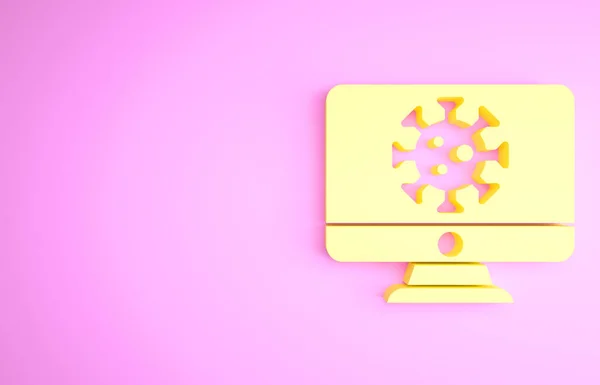 Statystyki żółtego wirusa na ikonie monitora izolowane na różowym tle. Wirus Corona 2019-nCoV. Bakterie i zarazki, rak komórek, mikrob, grzyby. Koncepcja minimalizmu. Ilustracja 3D 3D renderowania — Zdjęcie stockowe