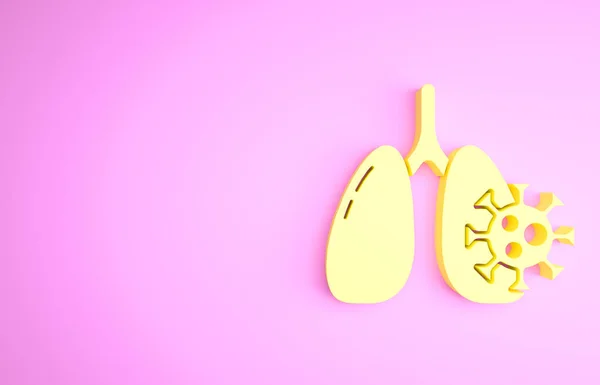 Yellow Virus cells in lung icon isolated on pink background. Infected lungs. Coronavirus, COVID-19. 2019-nCoV. Minimalism concept. 3d illustration 3D render — Stock Photo, Image