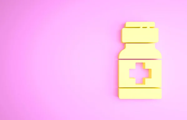 Żółta butelka i ikona pigułek odizolowana na różowym tle. Opakowanie leku medycznego na tabletki, witaminy, antybiotyki, aspirynę. Koncepcja minimalizmu. Ilustracja 3D 3D renderowania — Zdjęcie stockowe