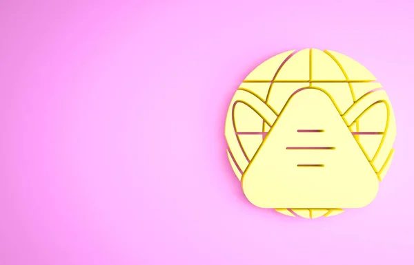 ピンクの背景に医療用マスクアイコンで黄色の地球の地球。最小限の概念。3Dイラスト3Dレンダリング — ストック写真
