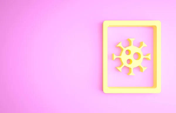 Estadísticas de virus amarillos en el icono del monitor aislado sobre fondo rosa. Virus Corona 2019-nCoV. Bacterias y gérmenes, cáncer de células, microbios, hongos. Concepto minimalista. 3D ilustración 3D render —  Fotos de Stock