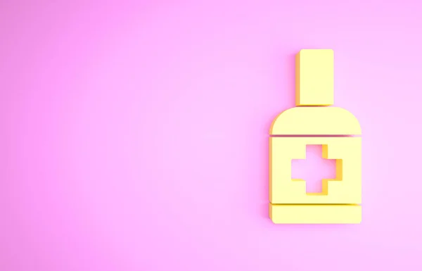 Flacone giallo di sapone liquido antibatterico con icona dispenser isolato su sfondo rosa. Antisettico. Disinfezione, igiene, cura della pelle. Concetto minimalista. Illustrazione 3d rendering 3D — Foto Stock
